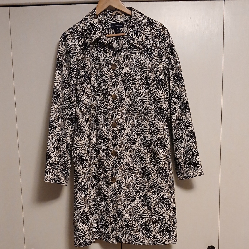 Lands' End Black and White Floral Trench Coat